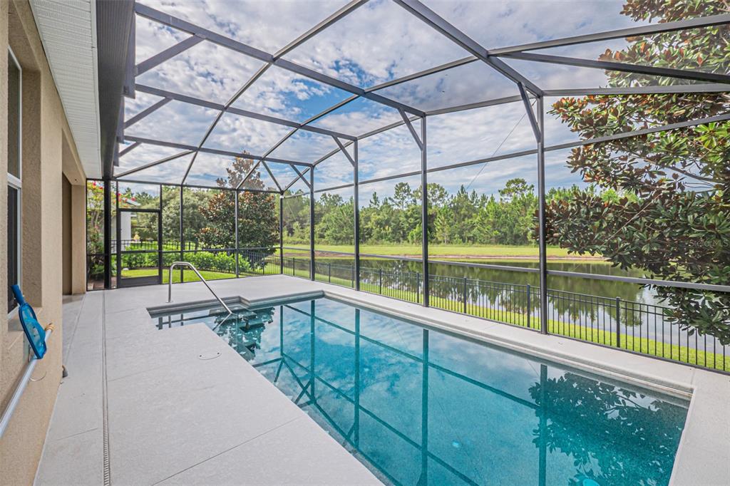 A screened-in patio features a rectangular swimming pool overlooking a pond and wooded area — 10174 LOVEGRASS LANE, ORLANDO, FL