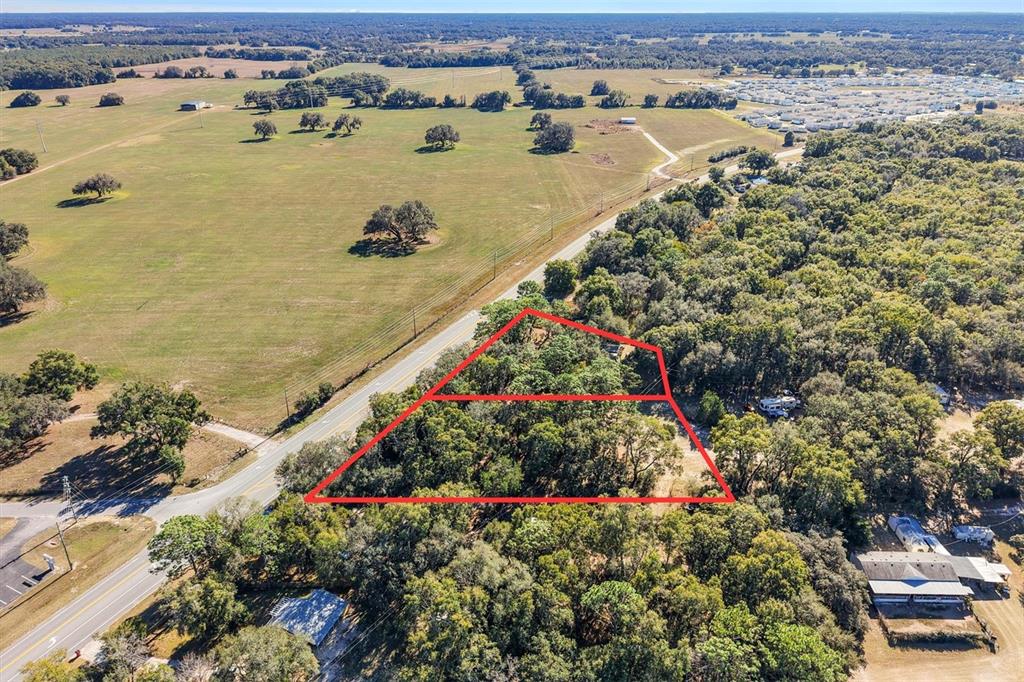 An aerial view shows a wooded lot outlined in red next to a rural road — 00 S US 301, SUMTERVILLE, FL