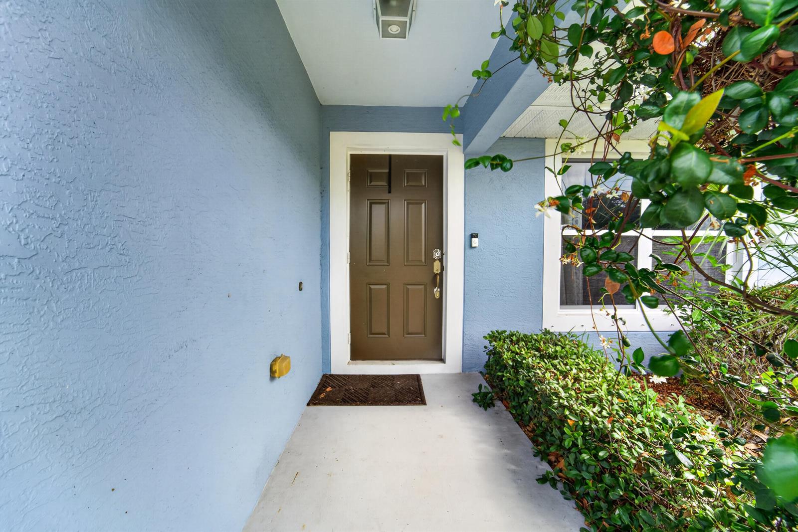 A brown front door is centered on a blue exterior wall with a concrete porch — 706 Osceola Avenue, Fort Pierce FL 34982, FORT PIERCE, FL