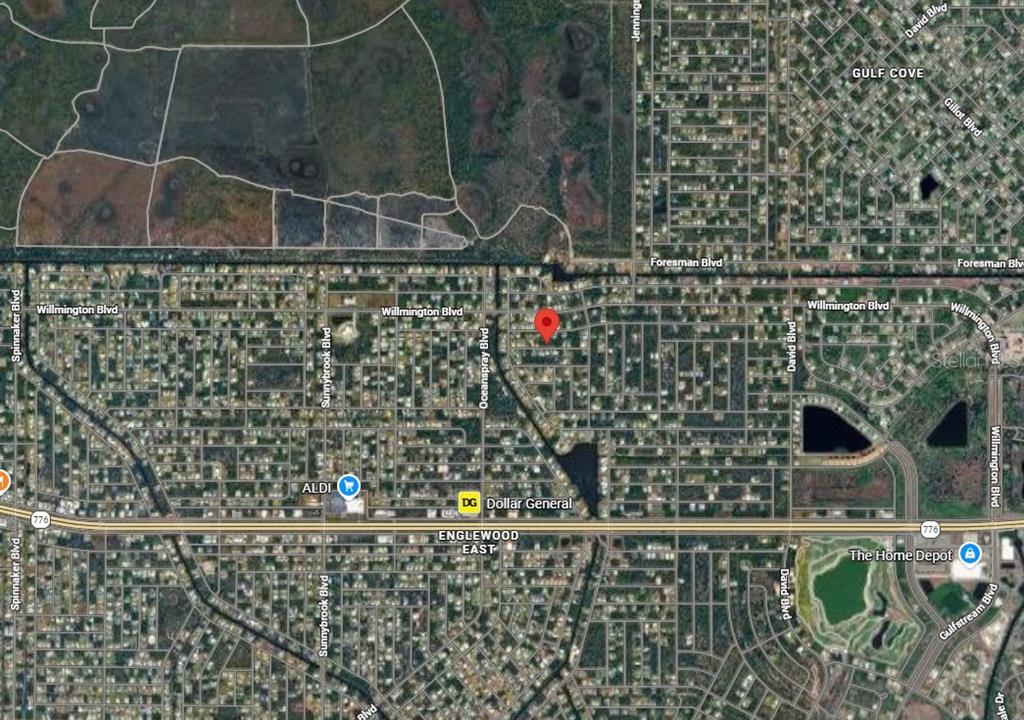 This is an aerial map showing a residential neighborhood in Englewood, Florida, with a red pin — 11378 ZOLA AVENUE, PORT CHARLOTTE, FL