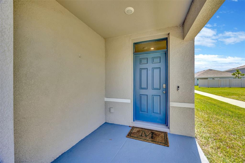 A blue front door with a transom window sits on a covered concrete porch — 5758 HOLLINGWORTH TRAIL, WESLEY CHAPEL, FL
