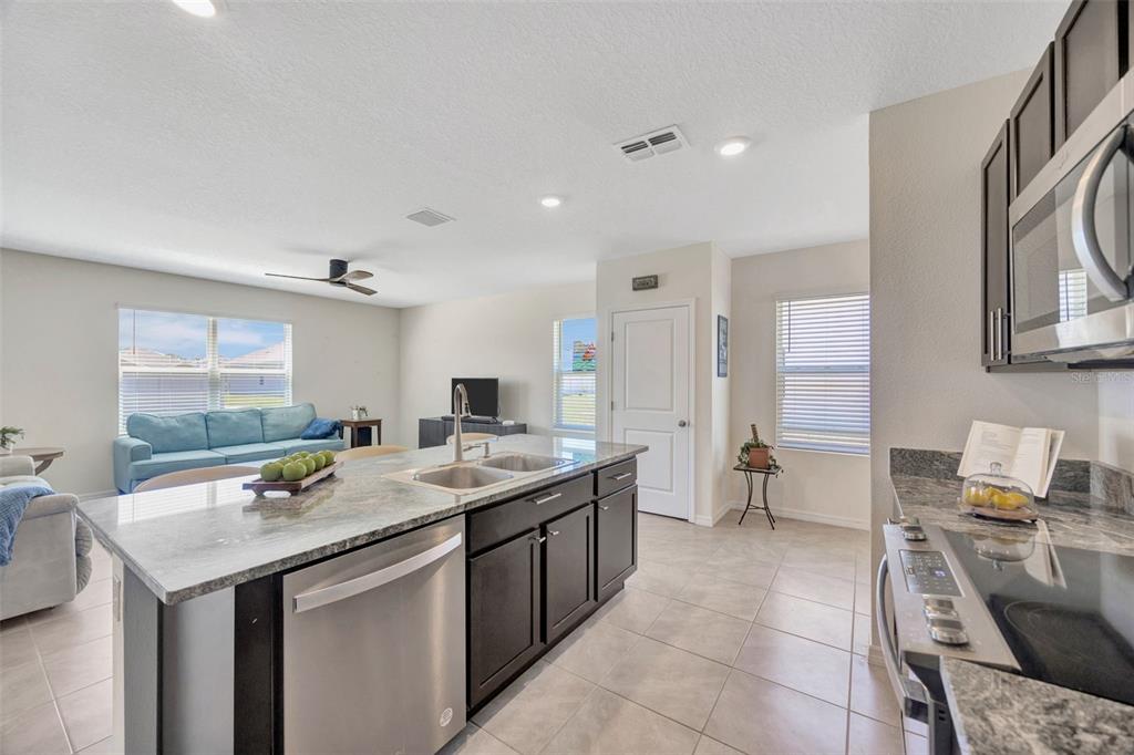 A kitchen with dark cabinets and granite countertops overlooks a living area with a sofa — 5758 HOLLINGWORTH TRAIL, WESLEY CHAPEL, FL