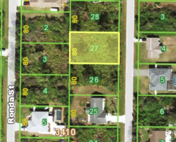 This is a map showing a vacant residential lot highlighted in yellow among surrounding properties — 6142 SPINNAKER BOULEVARD, ENGLEWOOD, FL