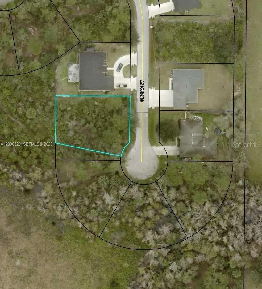 This is an aerial map showing a vacant residential lot outlined in blue on a cul-de-sac — 8 Slogan CT, Palm Coast FL 32164, PALM COAST, FL