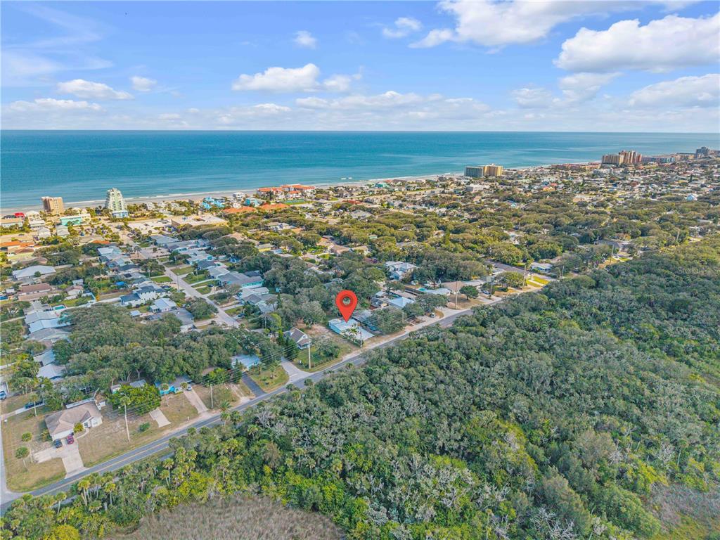 An aerial view shows a house marked with a red pin near a coastal beach — 2805 SAXON DRIVE, NEW SMYRNA BEACH, FL