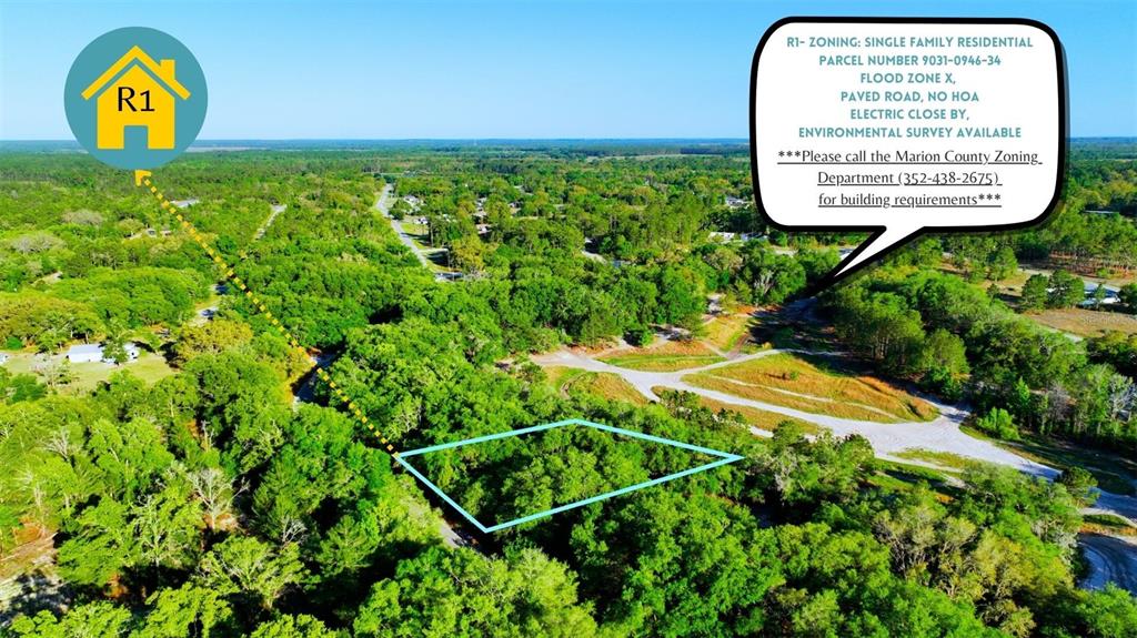 An aerial view shows a wooded, rectangular plot of land outlined in light blue — TBD LOT 34 MALAUKA RADIAL, OCKLAWAHA, FL