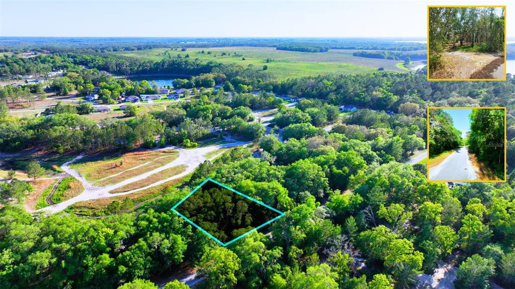 An aerial view shows a wooded lot outlined in blue with two inset photos — TBD LOT 34 MALAUKA RADIAL, OCKLAWAHA, FL