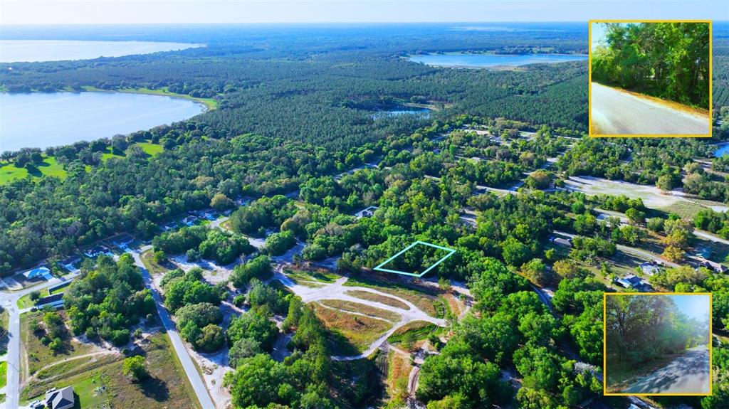 An aerial view shows a wooded residential lot highlighted in blue near a large lake — TBD LOT 34 MALAUKA RADIAL, OCKLAWAHA, FL