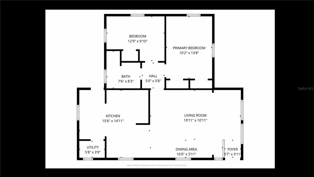 This is a floor plan showing the layout of a home with two bedrooms and one bath — 121 BATES AVENUE SE, WINTER HAVEN, FL
