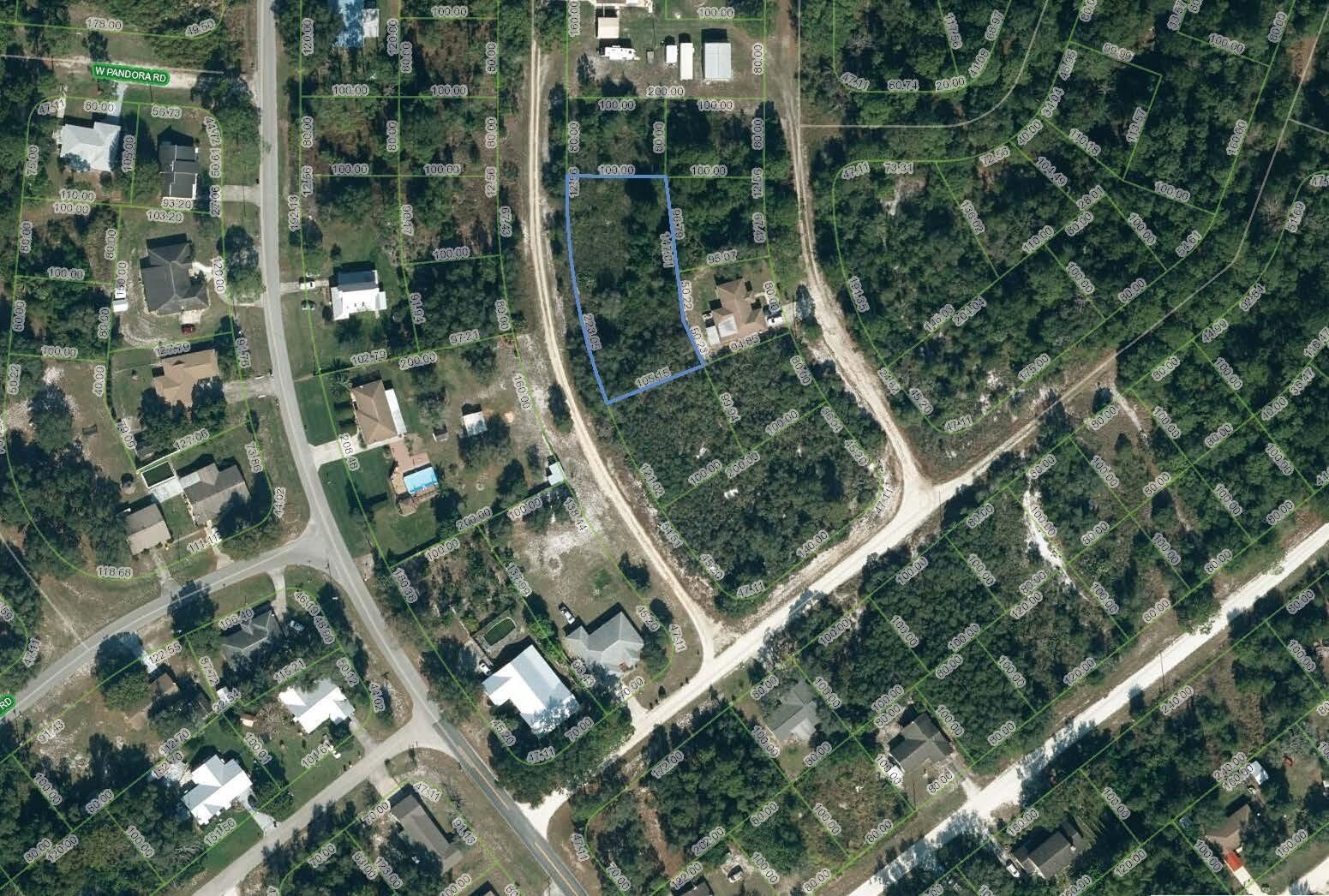 This is an aerial map showing property parcel boundaries and dimensions over a wooded area — 2610 N Colman Road, FL 33825, FL