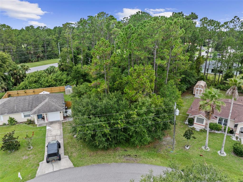 An aerial view shows a vacant, wooded lot situated between two residential houses and a street — 89 RYECLIFFE DRIVE, PALM COAST, FL