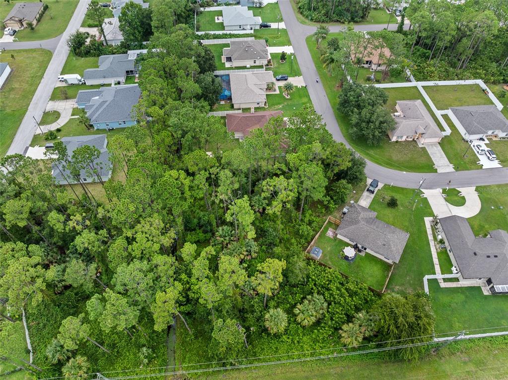 An aerial view shows a residential neighborhood with houses surrounded by trees and green lawns — 89 RYECLIFFE DRIVE, PALM COAST, FL