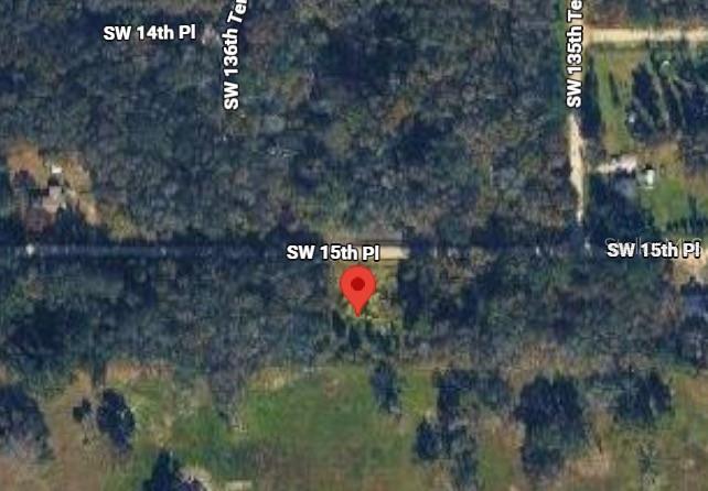 This is a satellite map view showing a wooded residential lot with a red location pin — 15 TH 15TH PL, OCALA, FL