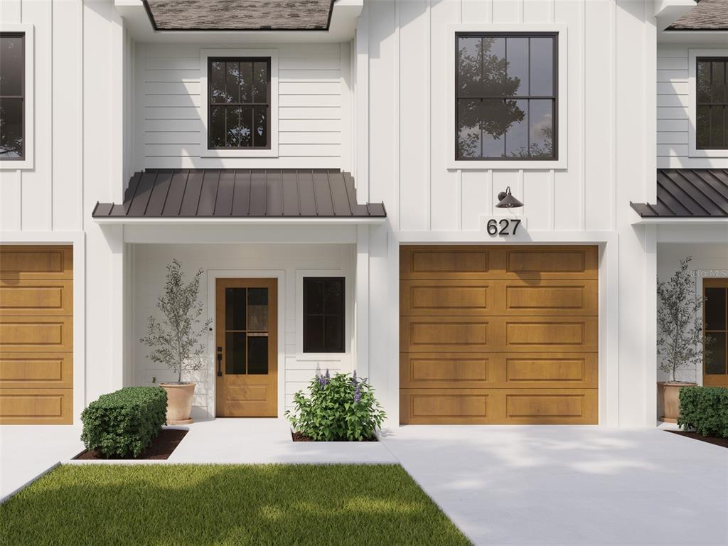 This is a rendering of a modern townhome exterior with white siding and wood accents — 124 N MILLER ROAD, VALRICO, FL