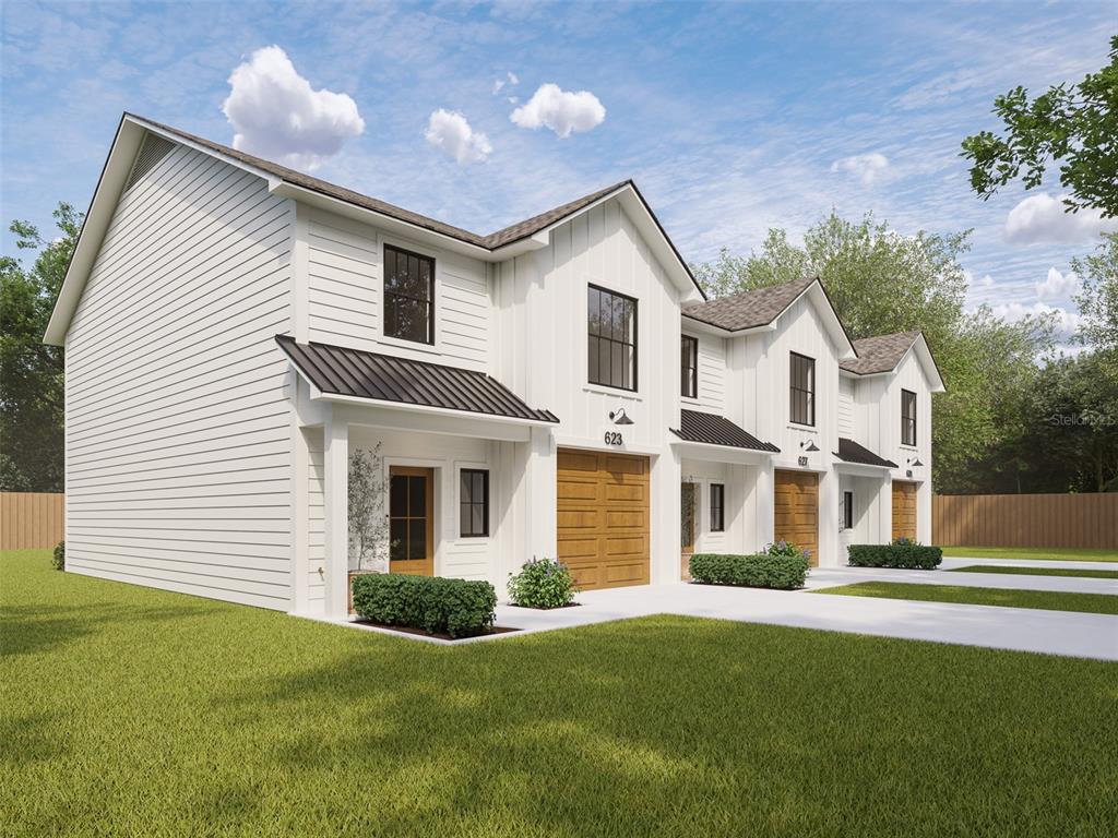 This is a digital rendering of a row of modern white townhomes with wooden garages — 124 N MILLER ROAD, VALRICO, FL