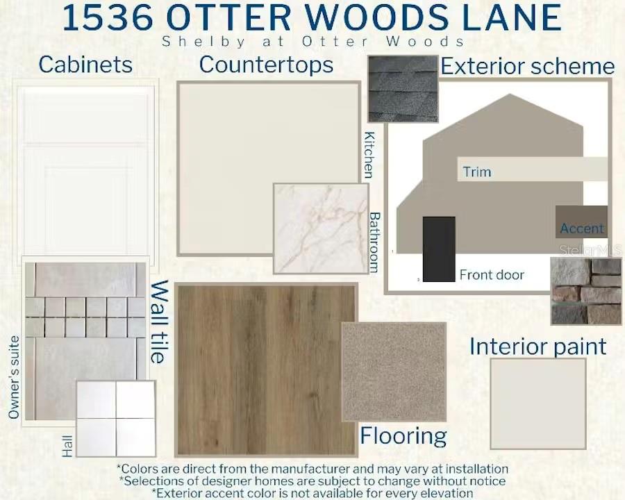 This design board displays material and color selections for home cabinets, countertops, flooring, and exterior finishes — 1536 OTTER WOODS LANE, AUBURNDALE, FL