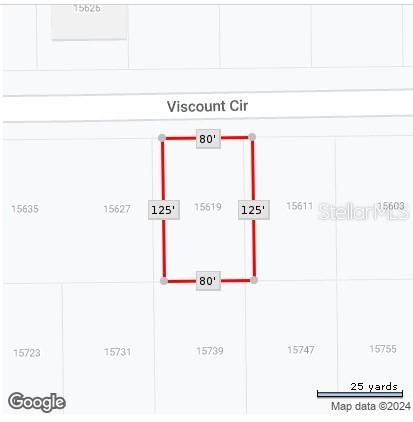 This is a map showing the rectangular property lines and dimensions of a residential lot — 15619 VISCOUNT CIRCLE, PORT CHARLOTTE, FL