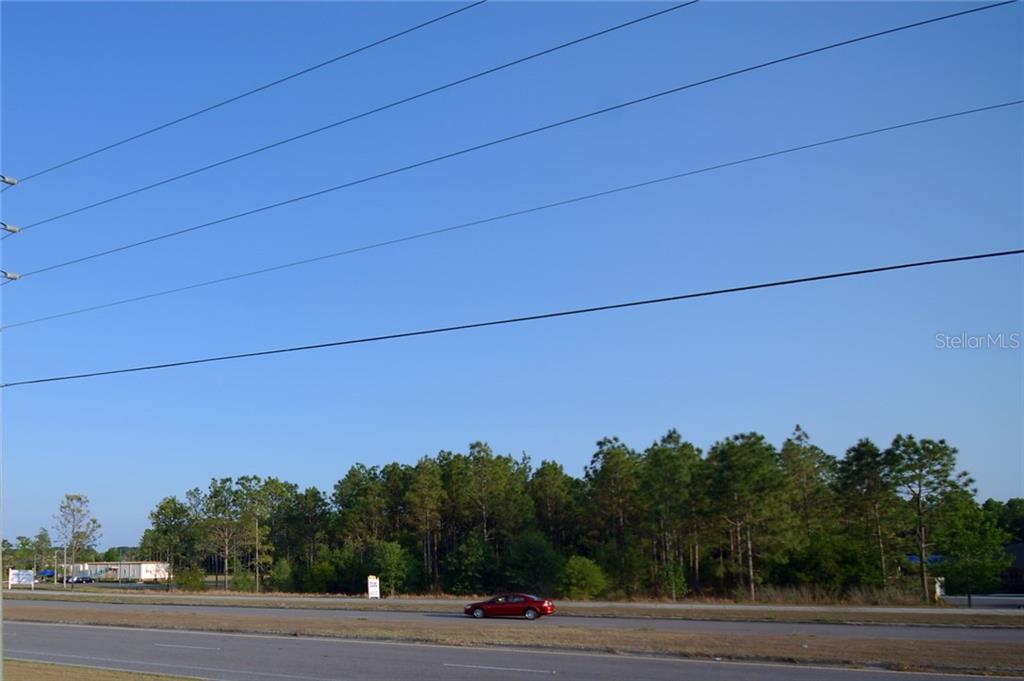 A red car drives on a road in front of a wooded lot under power lines — 30150 OVERPASS ROAD, WESLEY CHAPEL, FL