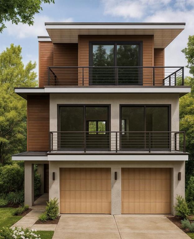 This is a rendering of a three-story modern house with a two-car garage and balconies — 406 N SHORE DRIVE, ANNA MARIA, FL