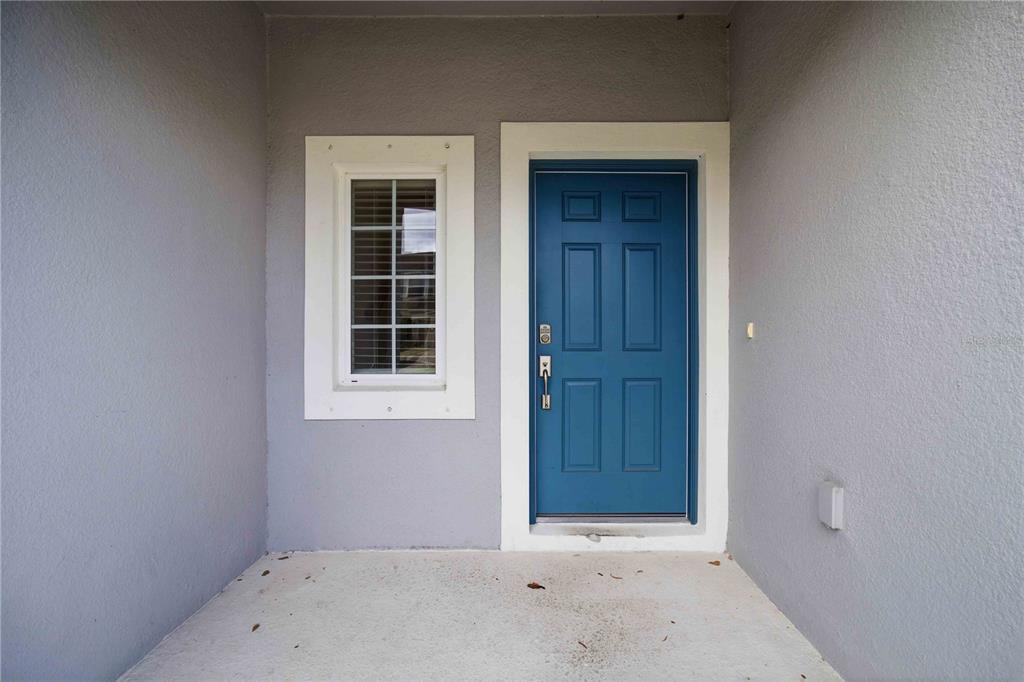A blue front door and a single window are set into a gray stucco wall — 11731 GLENSIDE TERRACE, PALMETTO, FL