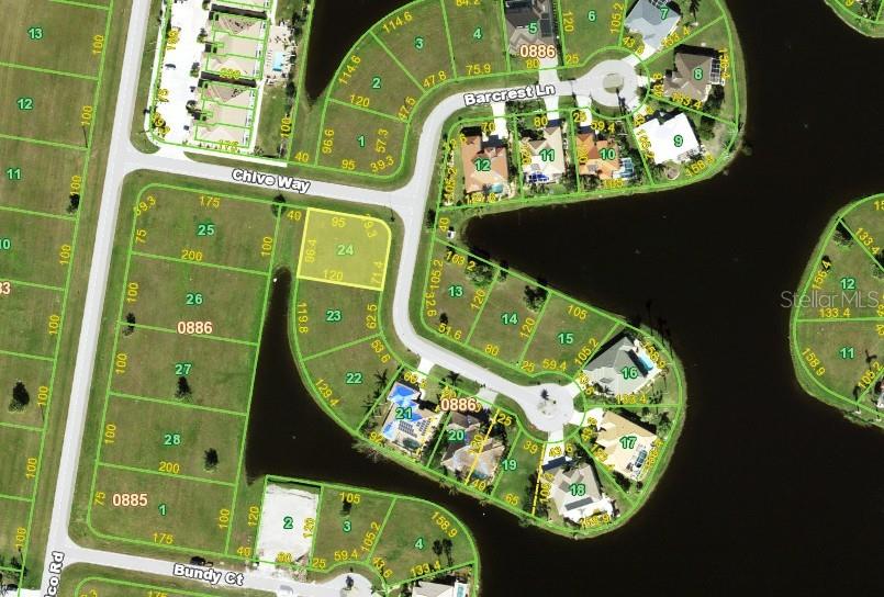 This is an aerial map showing residential lots and streets in a suburban neighborhood — 17170 BARCREST LANE, PUNTA GORDA, FL
