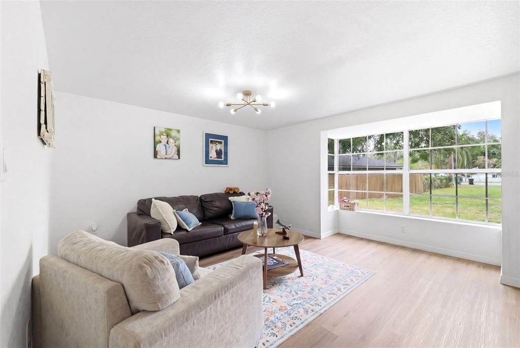 A living room features a dark leather sofa, a light armchair, and a large bay window — 19003 CEDAR LANE, LUTZ, FL