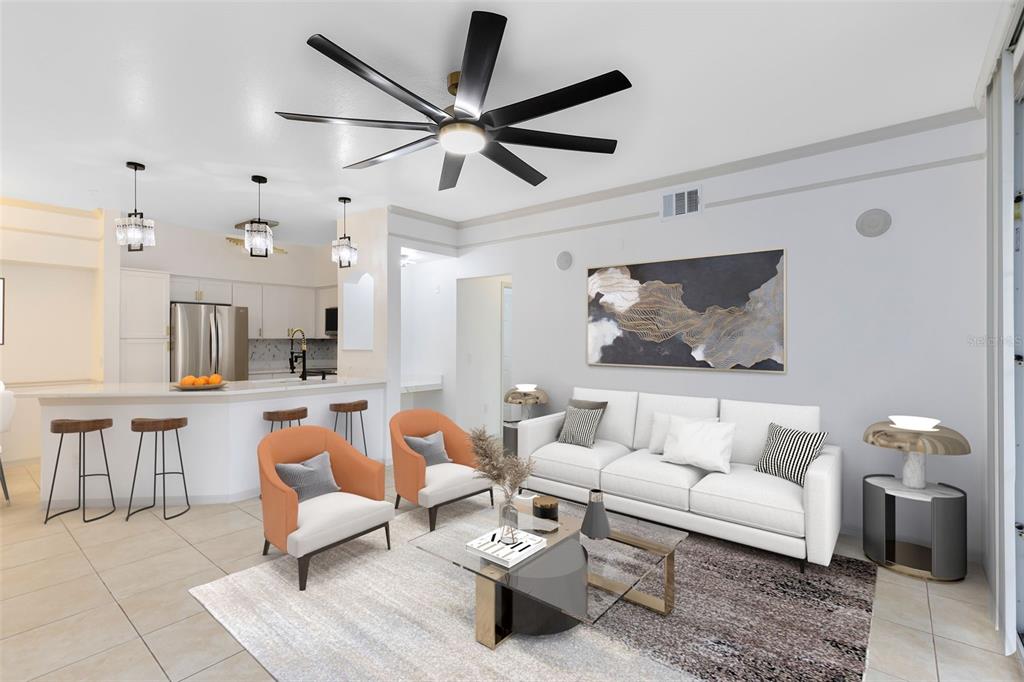 This is a rendering of an open-concept living room and kitchen with modern furniture — 3315 PARKCHESTER SQUARE BOULEVARD UNIT 102, ORLANDO, FL