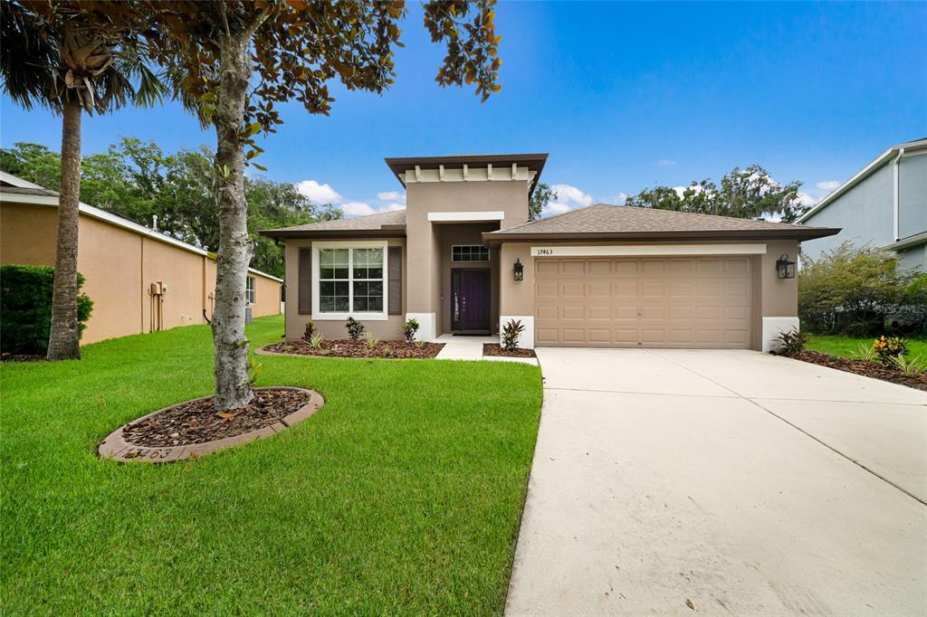 A single-story suburban house with a tan stucco exterior, a two-car garage, and a lawn — 17463 NEW CROSS CIRCLE, LITHIA, FL