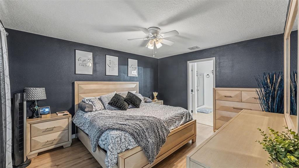 A bedroom features a light wood bed frame, dark blue walls, and a ceiling fan — 5739 LACAR WAY, LAKELAND, FL