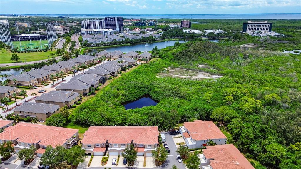 An aerial view shows a residential complex with red-tiled roofs adjacent to a wooded area — 256 VALENCIA CIRCLE, ST PETERSBURG, FL