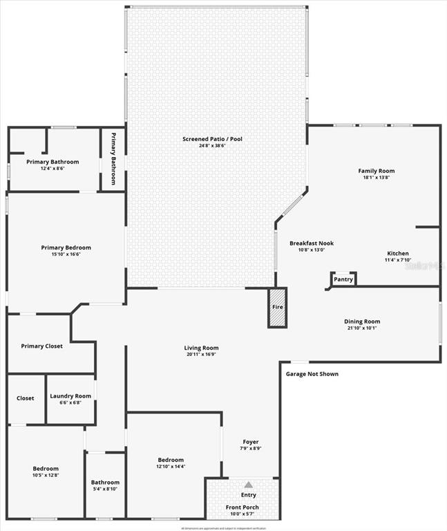 This floor plan shows a single-story house layout with a central living room and patio — 47 CARRIAGE CREEK WAY, ORMOND BEACH, FL