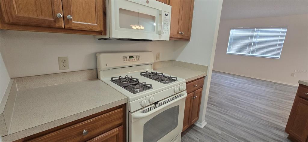 A kitchen features wooden cabinets, a white gas stove, a microwave, and light-colored countertops — 1009 RIDGEVILLE ROAD, THE VILLAGES, FL