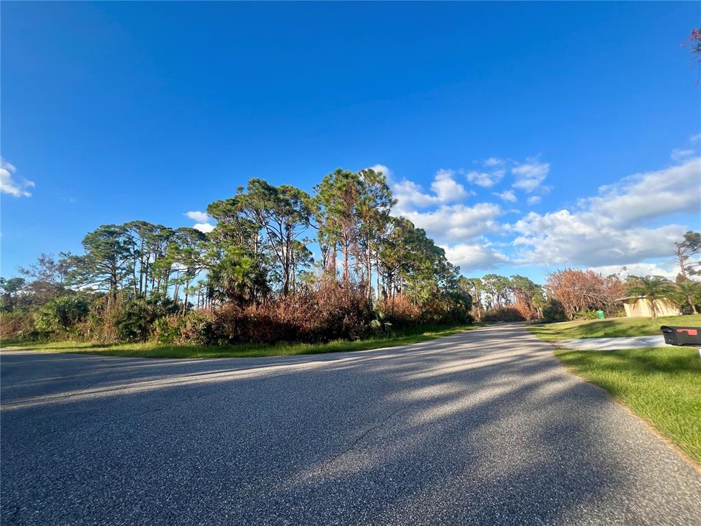 A paved road curves past a wooded lot under a clear blue sky — 5186 VENUS TERRACE, PORT CHARLOTTE, FL