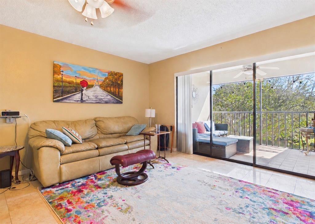 A living room features a tan leather sofa, a colorful area rug, and a sliding glass door — 2450 PELICAN COURT UNIT 202Q, CLEARWATER, FL