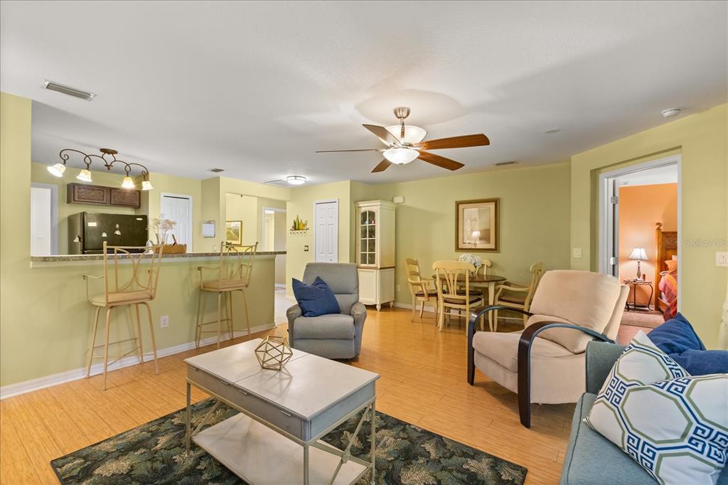 A living room and kitchen area with light green walls, wood flooring, and a ceiling fan — 26921 WHITE PLAINS WAY, LEESBURG, FL