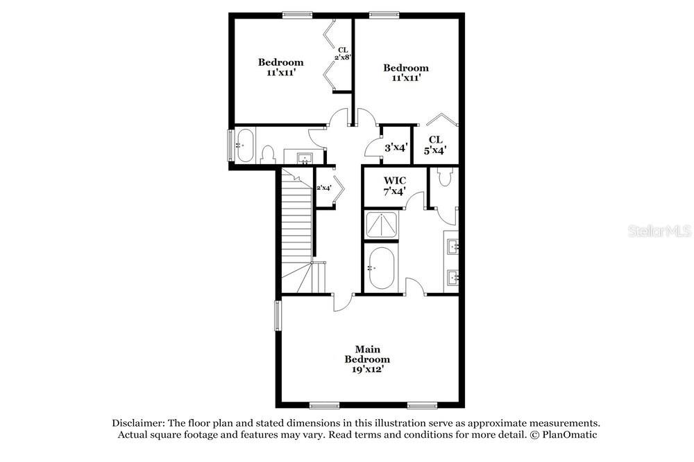 This is a floor plan of a house's upper level featuring three bedrooms and two bathrooms — 17506 RADIANT SHINE WAY, LUTZ, FL