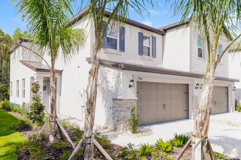 A two-story suburban house features a tan stucco exterior, a two-car garage, and palm trees — 17506 RADIANT SHINE WAY, LUTZ, FL