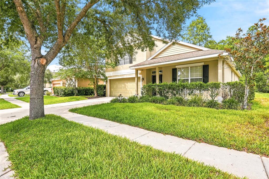 A two-story tan house with a garage and a front lawn under a large tree — 12230 COLONY LAKES BOULEVARD, NEW PORT RICHEY, FL