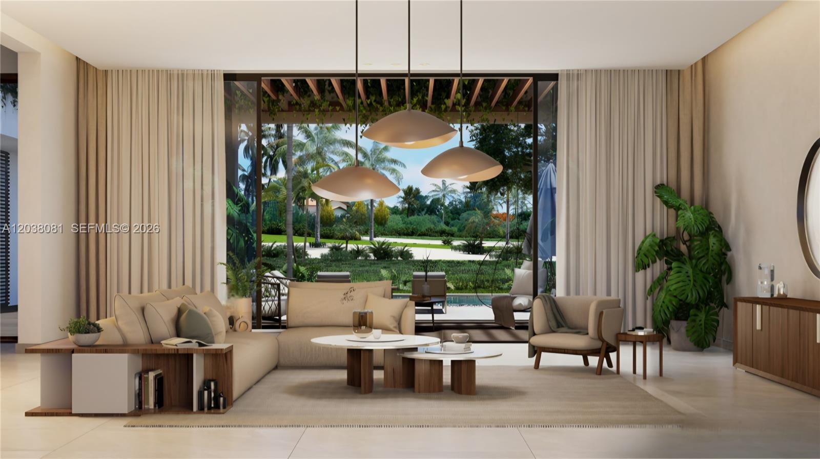 This rendering shows a modern living room with neutral furniture, pendant lights, and floor-to-ceiling windows — 0 107, FL
