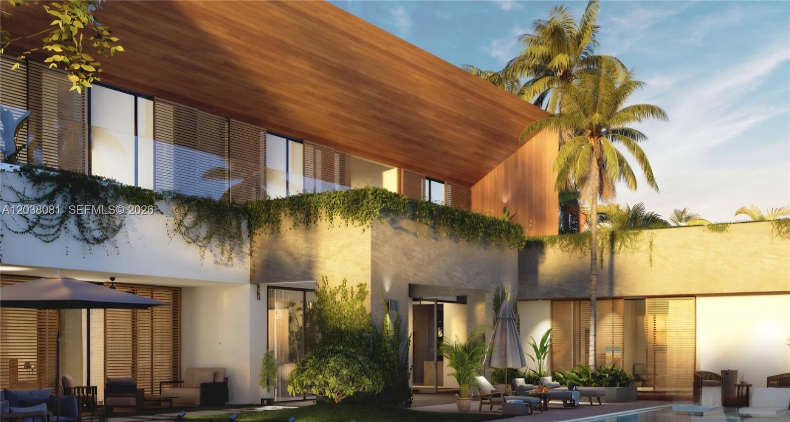 This architectural rendering shows a modern two-story house with wood accents, balconies, and a pool — 0 107, FL