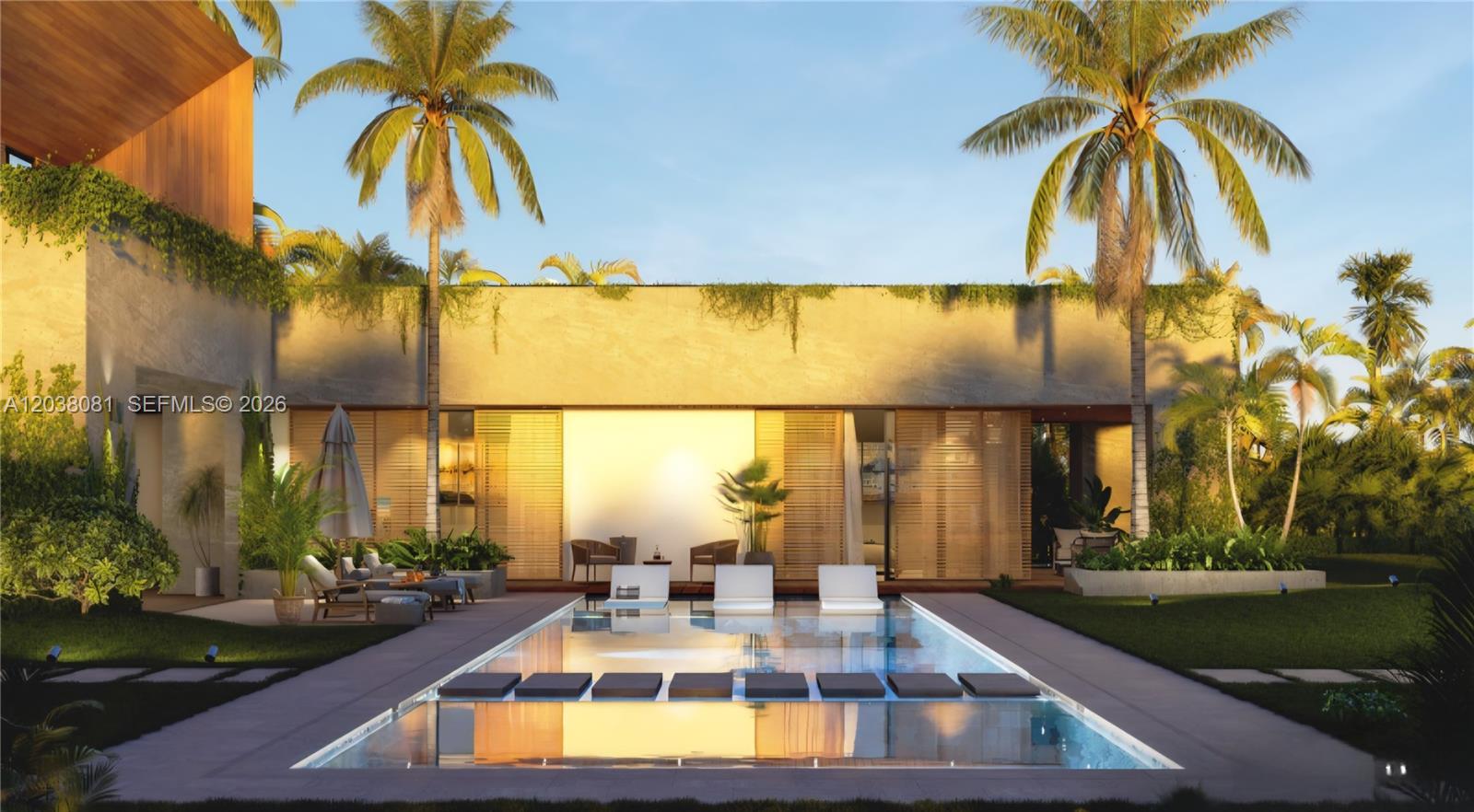 This architectural rendering shows a modern home exterior with a swimming pool and palm trees — 0 107, FL