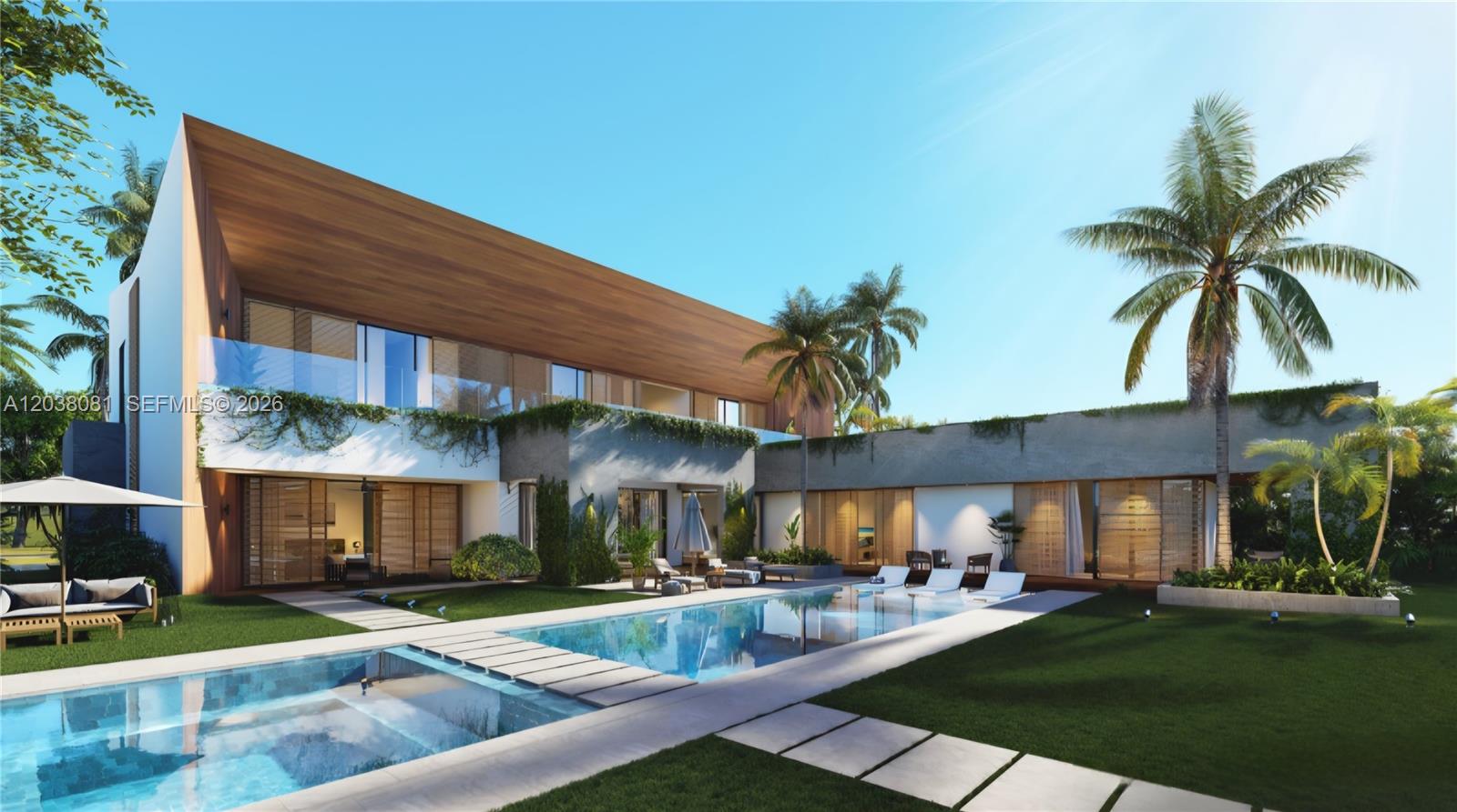 This is a digital rendering of a modern two-story house with a pool and palm trees — 0 107, FL