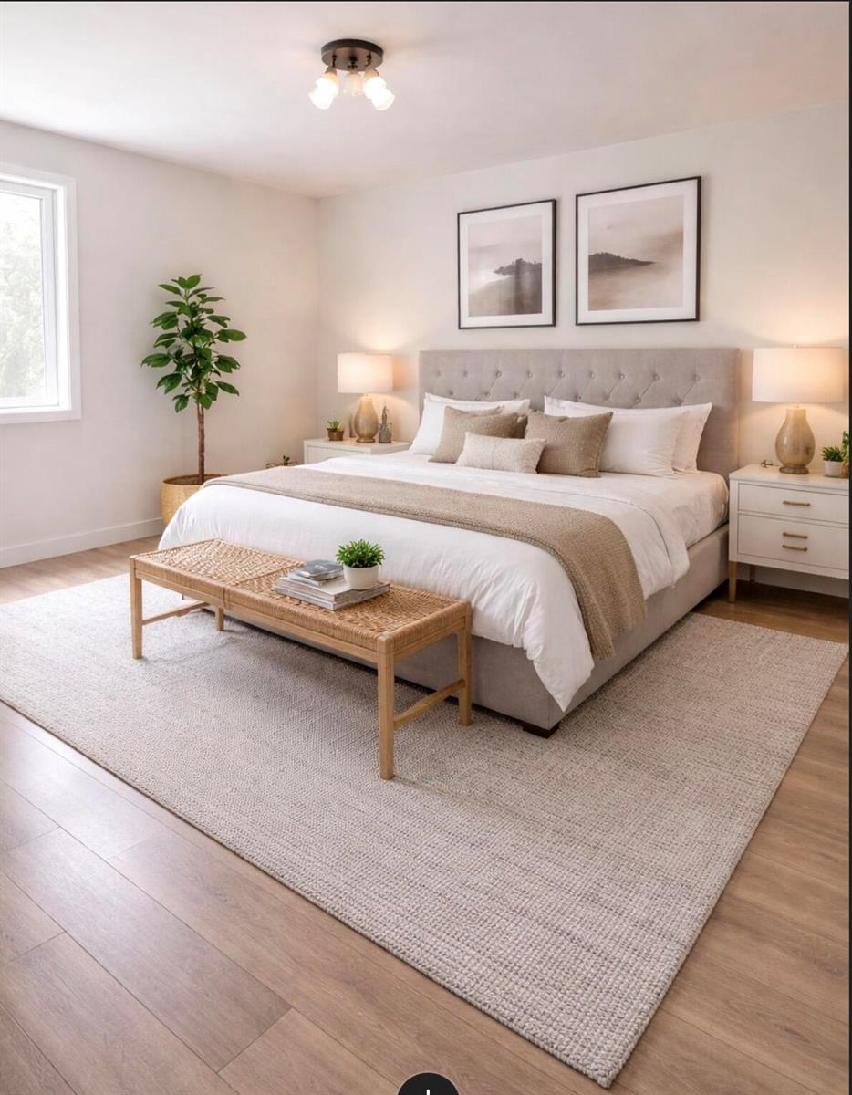 A bedroom features a tufted headboard, a woven bench, and neutral decor on wood flooring — 7175 Orange Drive # 104h, Davie FL 33314, DAVIE, FL