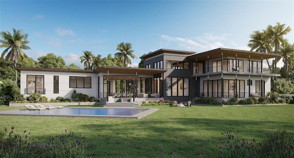 This is a digital rendering of a modern two-story house with a pool and lawn — 2100 MCCLELLAN PARKWAY, SARASOTA, FL