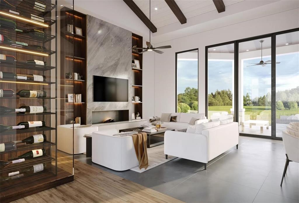 This rendering shows a modern living room with a fireplace, wine display, and large windows — 2100 MCCLELLAN PARKWAY, SARASOTA, FL
