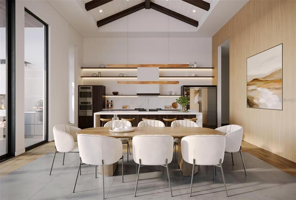This rendering shows a modern dining room and kitchen with white chairs and wood accents — 2100 MCCLELLAN PARKWAY, SARASOTA, FL