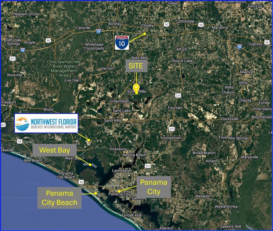 This map shows the location of a site relative to Panama City and the airport — PARAGON PLACE, CHIPLEY, FL
