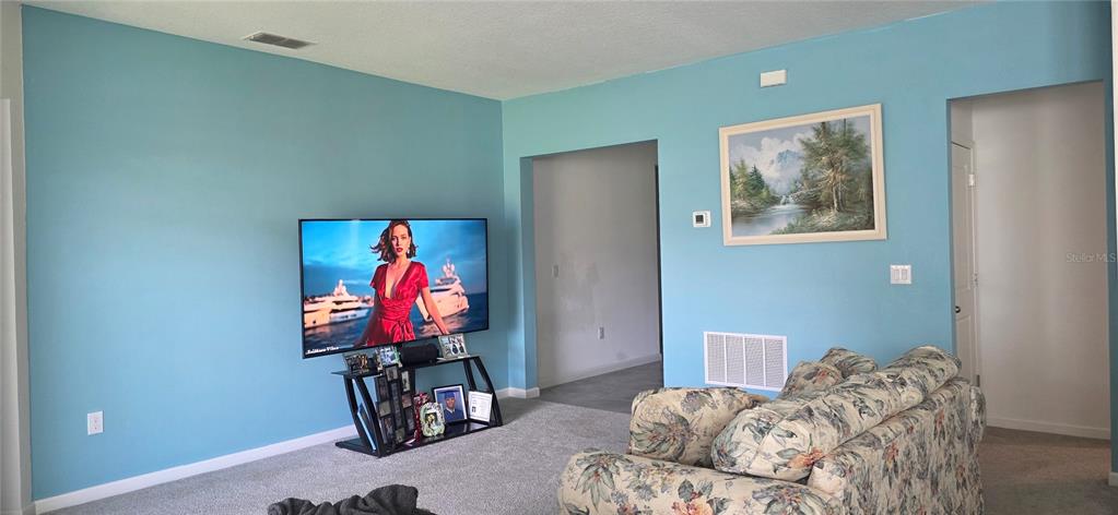 A living room features light blue walls, gray carpeting, a television on a stand, and furniture — 299 BOTTLE BRUSH DRIVE, HAINES CITY, FL