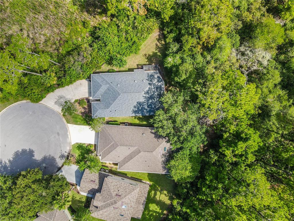 An aerial view shows three houses with shingled roofs situated along a cul-de-sac — 44 CROSSTIE COURT, PALM COAST, FL