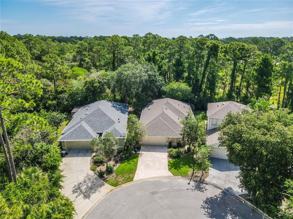 An aerial view shows three suburban houses with driveways situated along a curved residential street — 44 CROSSTIE COURT, PALM COAST, FL